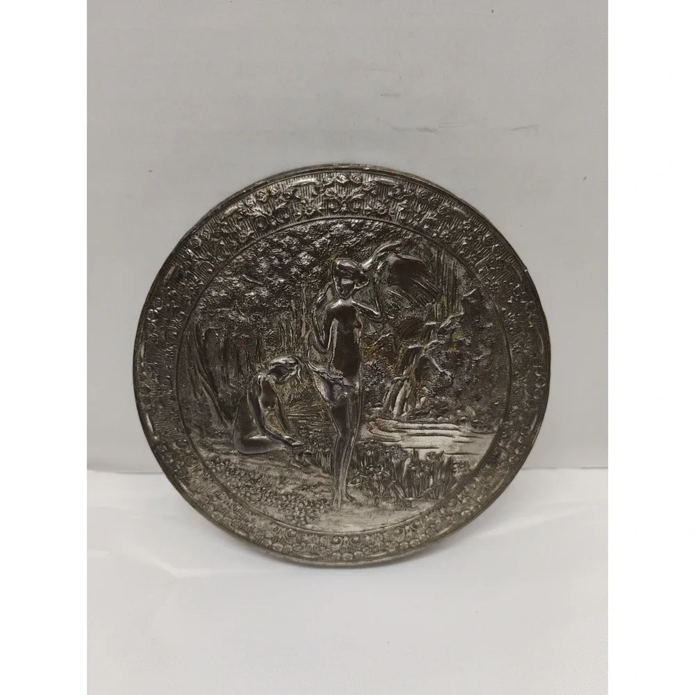 Japan Metal Trinket Dresser Box Risque Ladies Bathing At The Stream Vintage